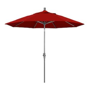 9 ft. Hammertone Grey Aluminum Market Patio Umbrella with Collar Tilt Crank Lift in Jockey Red Sunbrella