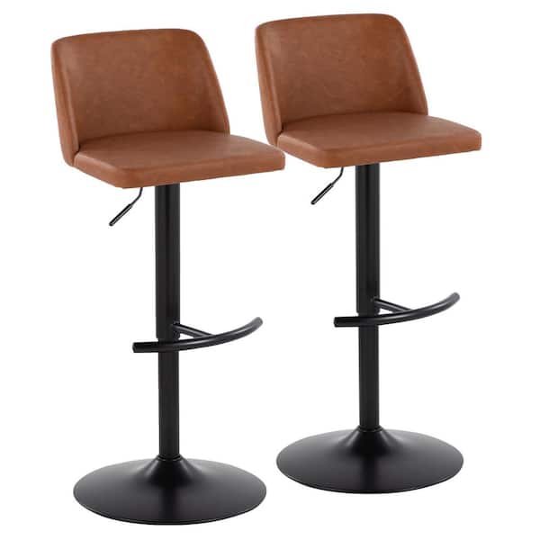 Lumisource Toriano 33 in. Camel Faux Leather and Black Metal Adjustable Bar Stool with Rounded T Footrest (Set of 2)