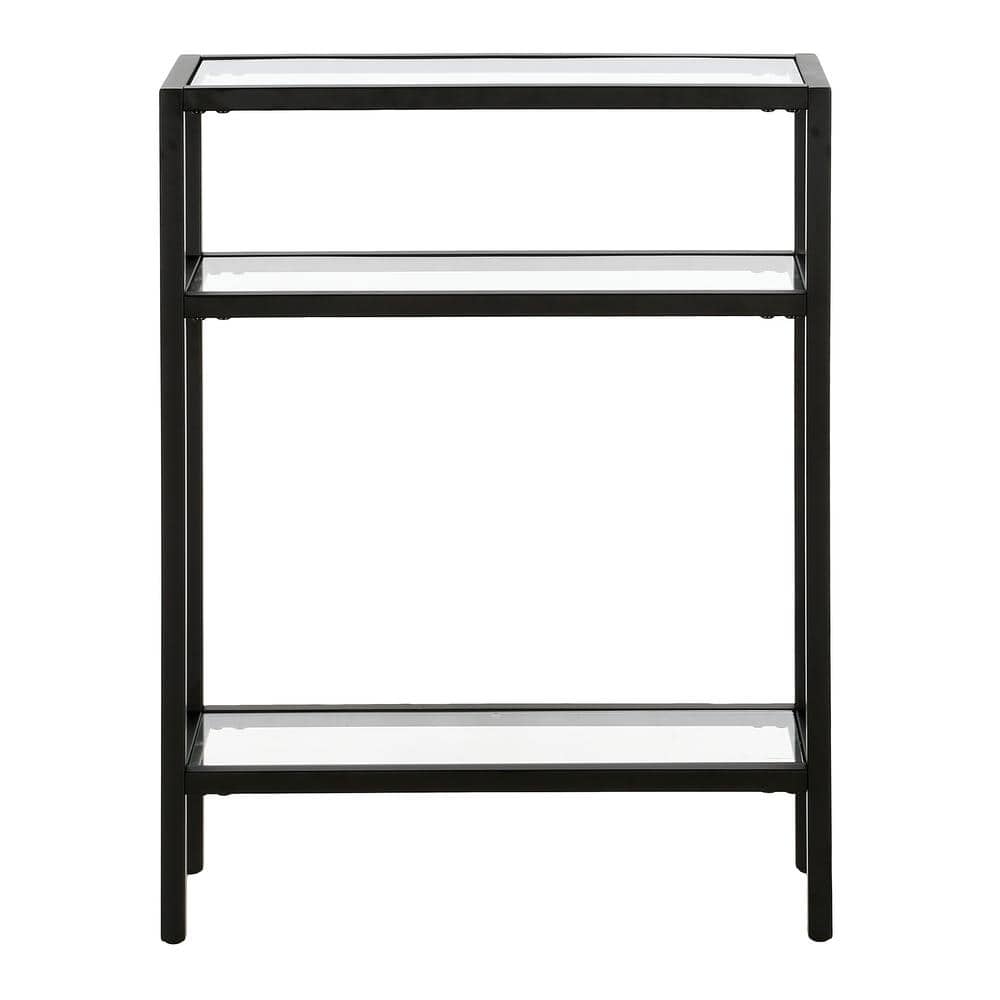 Compact Blackened Bronze 22" Metal & Glass Console Table with Shelves