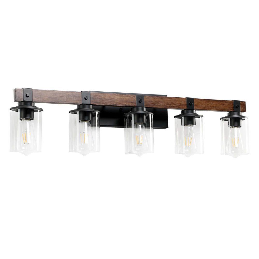 Modern Industrial 34.62 in. 5-Light Matte Black Oak Bathroom Vanity Light Wall Sconce with Clear Glass Shades price history on PriceWatchPro