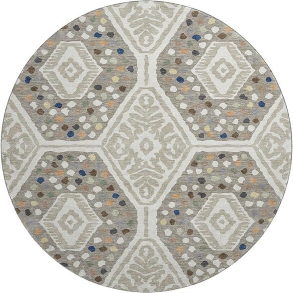 Mayfield Premium Machine Washable Abstract AMF2457 Ivory 8 ft. x 8 ft. Round Rug