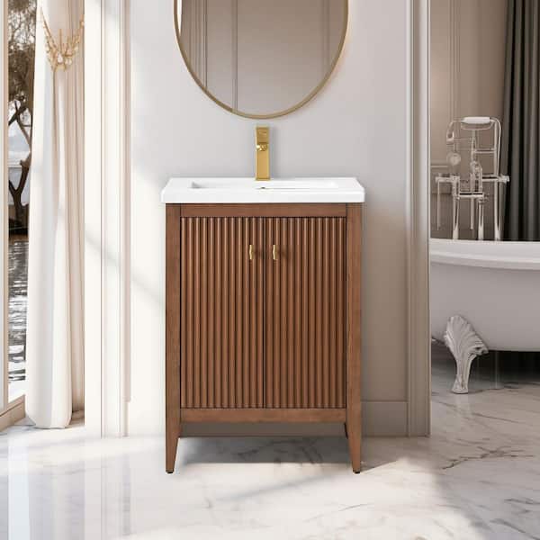 Vanity Art 24 in. W x 18.5 in D x 34 in. H Single Sink Bath Vanity Cabinet in Linear Walnut with Ceramic Top