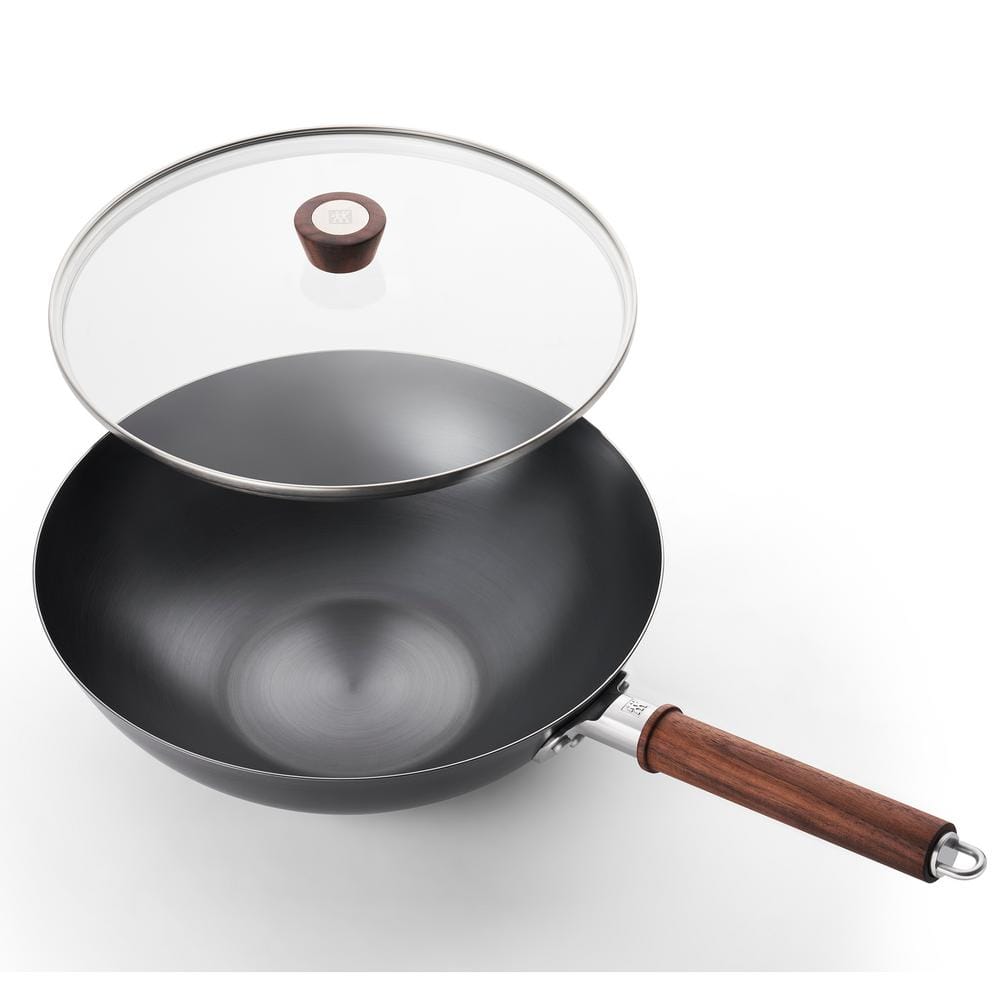 Zwilling 12-Inch Black Carbon Steel Wok with Walnut Handle