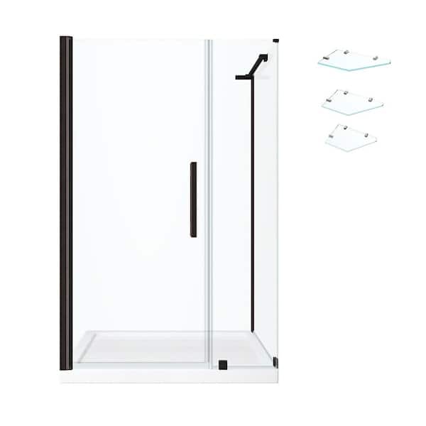 Pasadena 48 in. L x 32 in. W x 75 in. H Corner Shower Kit w/Pivot Frameless Shower Door in ORB w/Shelves and Shower Pan