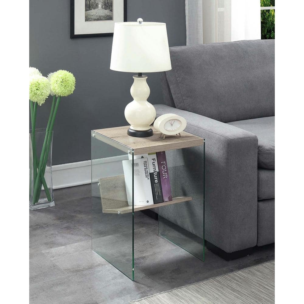 Sandstone and Glass Rectangular End Table with Lower Shelf