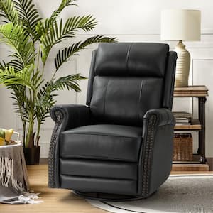 Sonia Transitional Black 30.5 in. Wide Genuine Leather Manual Rocking Recliner with Metal Base and Rolled Arms