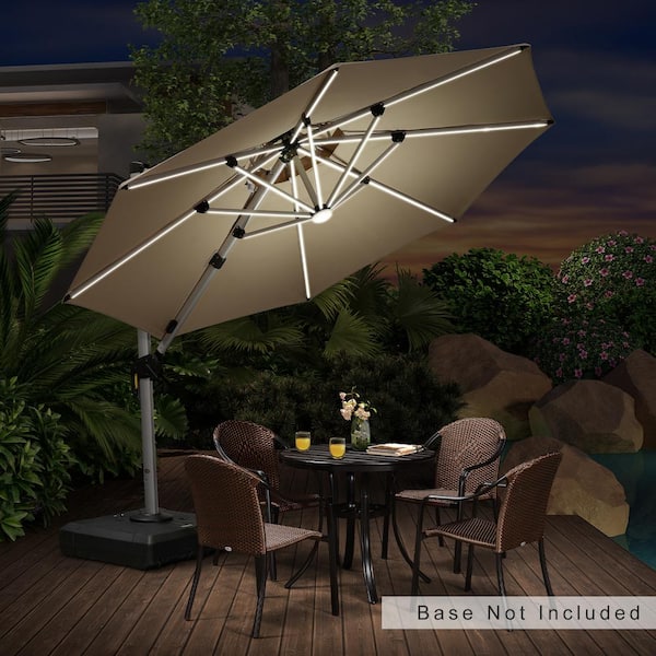 PURPLE LEAF 10 ft. Octagon Solar powered LED Patio Umbrella Outdoor Round Large Cantilever Umbrella Heavy Duty Sun Umbrella in Beige
