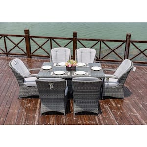 ELLE Gray 7-Piece Wicker Outdoor Dining Set with Gray Cushions