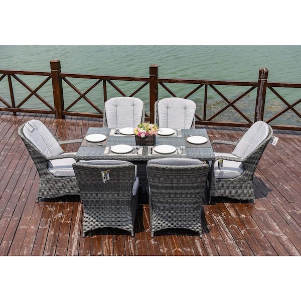 ELLE Gray 7-Piece Wicker Outdoor Dining Set with Gray Cushions