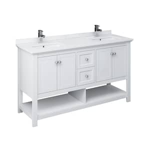 Manchester 60 in. W Bathroom Double Bowl Vanity in White with Quartz Stone Vanity Top in White with White Basins
