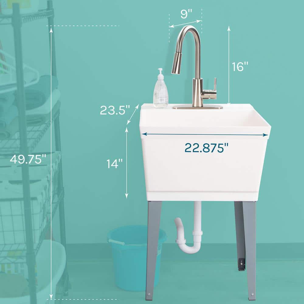 White Freestanding Utility Sink with Stainless Steel Faucet