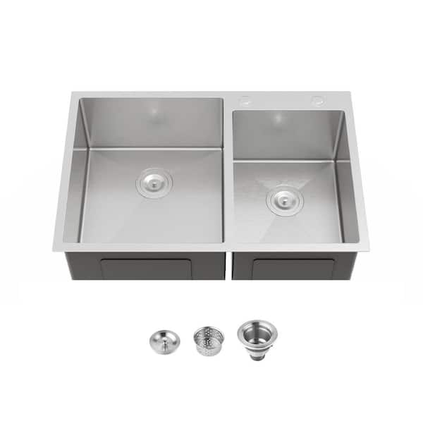33 in. Drop-In Double Bowl 20 Gauge Gunmetal Gray Stainless Steel Kitchen Sink with US Standard Drain and Hook