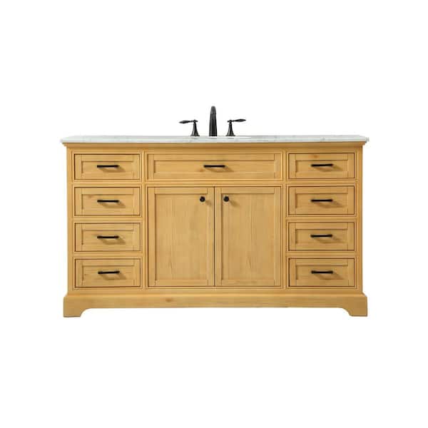 Unbranded Timeless Home 60 in. W x 21.5 in. D x 35 in. H Single Bathroom Vanity in Natural Wood with White Marble