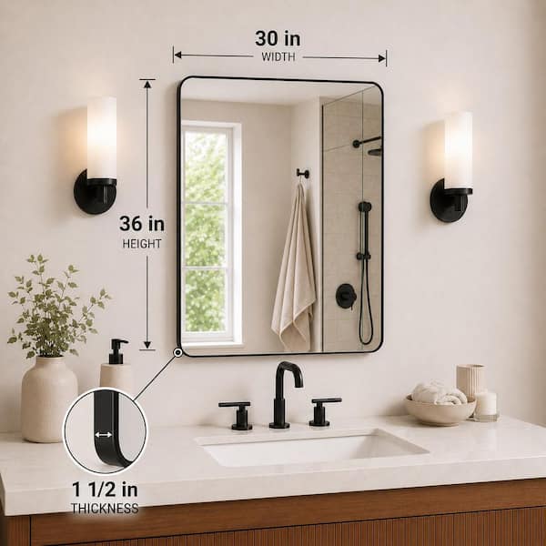 30 in. W x 36 in. H Rectangular Framed Wall Bathroom Vanity Mirror in Matte Black