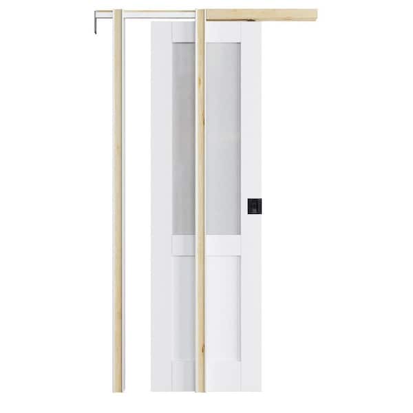 ARK DESIGN 24 in. x 80 in. 1/2 Frosted Glass White Primed Wood Pocket Door with Door Hardware Kit (Soft Close and Black Lock Incl)