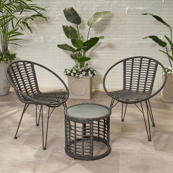 Noble House Perkins Dark Grey 3-Piece Faux Rattan Outdoor Patio Conversation Seating Set