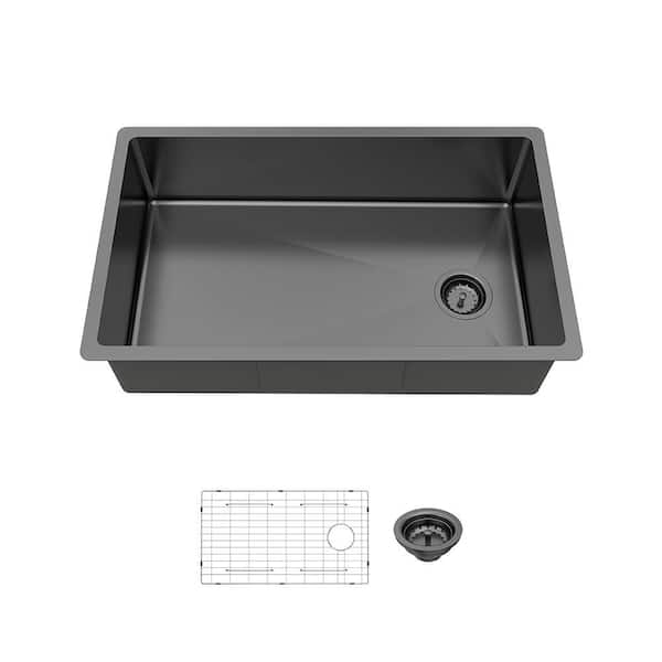 32 In. Undermount Single Bowl 18-Gauge Gunmetal Black Stainless Steel Kitchen Sink And Accessories