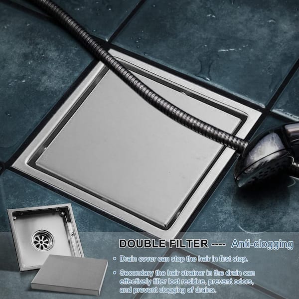 4 Inch Square Shower Floor Drain, 304 Stainless Steel Shower Drain Cover  Removable Grid Cover and Hair Filter Brushed CUPC Certified