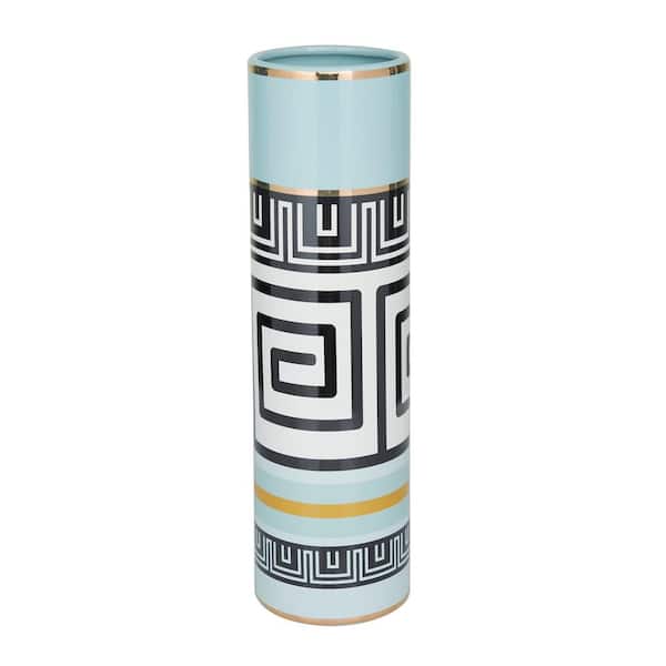 Litton Lane 18 in. Teal Ceramic Decorative Vase with Greek Knot Pattern