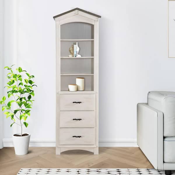 Benjara 77.76 in. Tall White and Brown Wood 4-Shelf Standard Bookcase with 3-Drawers