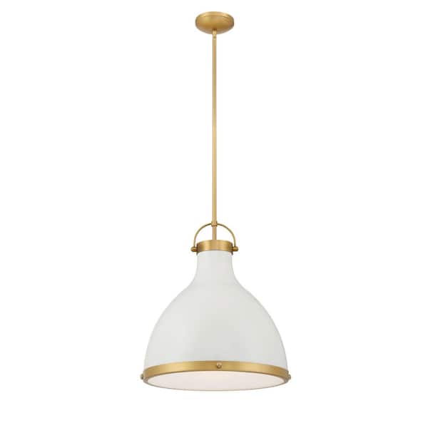 Lynk 100-Watt 1-Light Off-White Cream and Legacy Brass Cone Pendant Light with Etched Opal Glass Shade, No Bulb Included