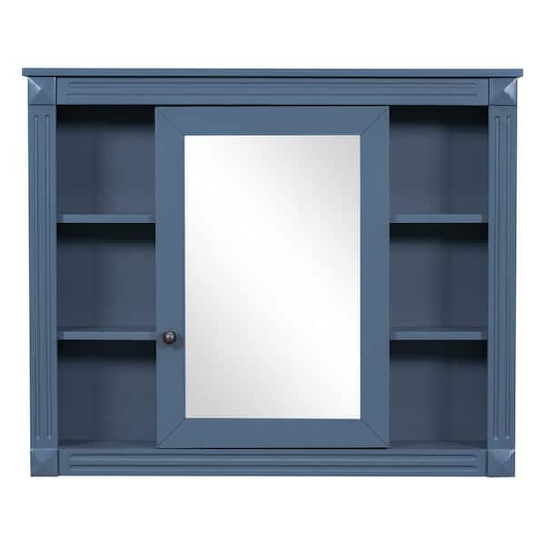 WELLFOR 35 in. W x 29 in. H Rectangular MDF Medicine Cabinet with Mirror in Blue