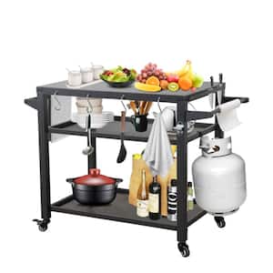 Outdoor Movable Grill Cart Table Food Prep Table with 3 Storage Shelves and Wheels and Hooks and StainlessSteel Tabletop