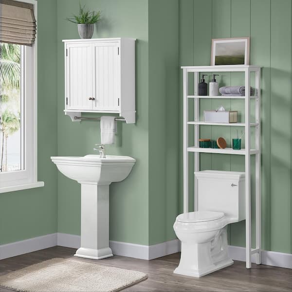 Dover 27 in. W Over Toilet Space Saver with Open Shelving, 27 in. W Wall Storage Cabinet, 2-Doors and Towel Rod in White