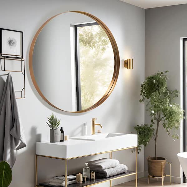 Dovelina 35 in. W x 35 in. H Round Deep Framed Aluminum Alloy Gold Wall Mirror Decorative Round Mirror