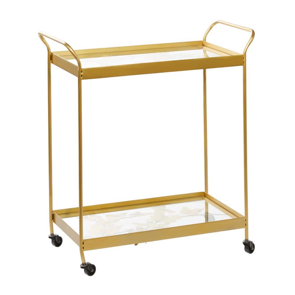 Sleek Gold Contemporary Rectangular Bar Cart with Glass Shelves