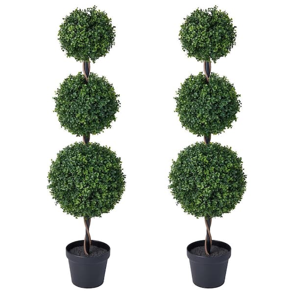 4 ft. Artificial Triple Ball Topiary Trees Large Faux Boxwood Shrubs Plants for outdoor Indoor Home Decor of 2