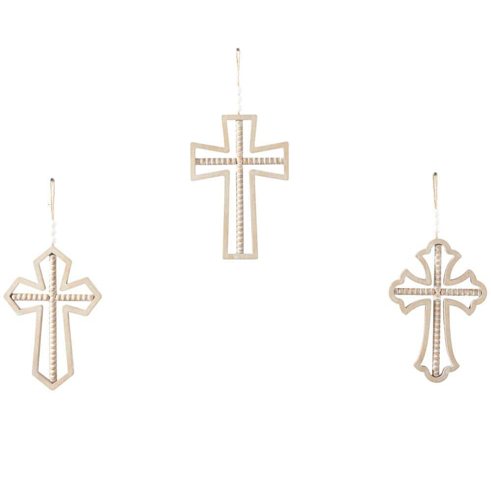 Litton Lane Wood Light Brown Carved Beaded Crosses Cross Wall Decor with Rope Hanger (Set of 3)