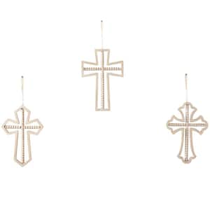 Wood Light Brown Carved Beaded Crosses Cross Wall Decor with Rope Hanger (Set of 3)