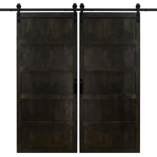 Dogberry 36 in. x 84 in. 5-Panel Midnight Black Double Sliding Barn Door with Hardware Kit