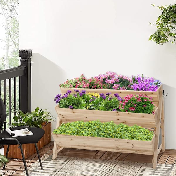 3-Tier Vertical Garden Bed Wooden Elevated Planter Bed W/Legs Storage Shelf  2 Hooks Raised Bed Kit