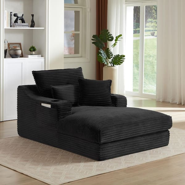 Compression Black Cotton Twin Size Sofa Bed, Lounge Chair with Double-Layer Cushion, Cup Holders and Side Pockets