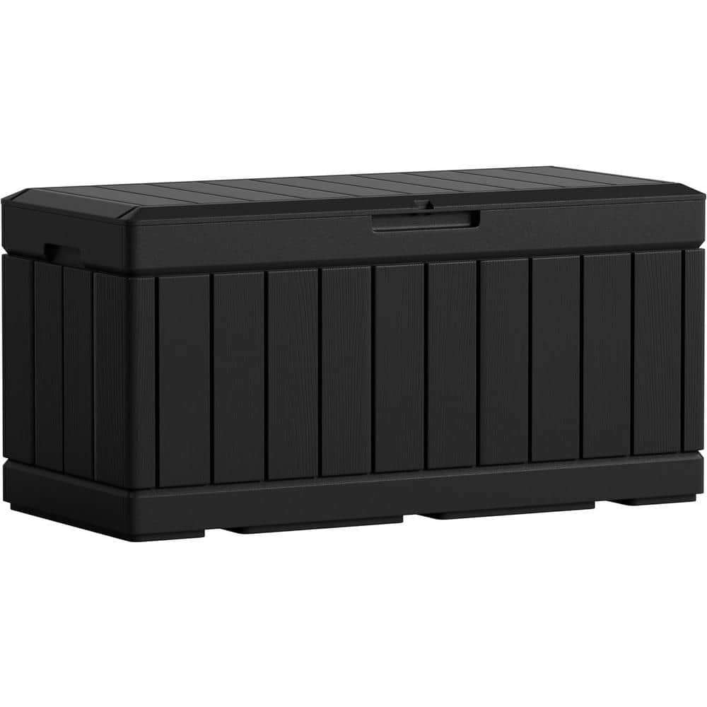 85 Gal. Black Resin Deck Box with Padlock for Patio Furniture Cushions, Poo