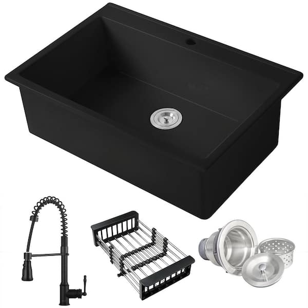 Workstation 33 in. Drop-In Single Bowl Black Fireclay Kitchen Bundle and Faucets with Basket Strainer