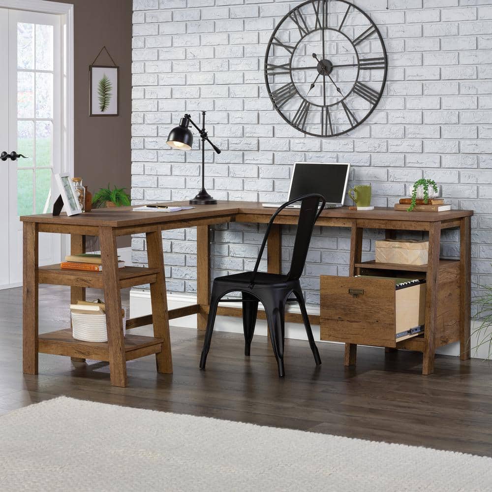 Vintage Oak L-Shaped Computer Desk with Drawer and Filing Cabinet