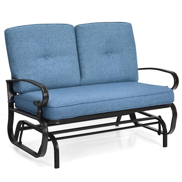 Costway 47.5 in. W 2-Person Brozen Frame Metal Outdoor Glider with Blue Cushion