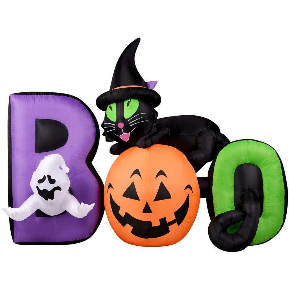 Haunted Hill Farm 5 ft. Pre-Lit Boo Sign with Black Cat, Jack-O-Lantern and Ghost Halloween Inflatable