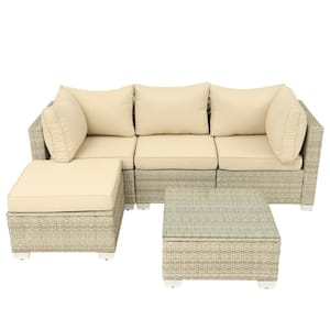 5-Piece Gray White Wicker Outdoor Sofa Sectional Set with Field Gray Cushions