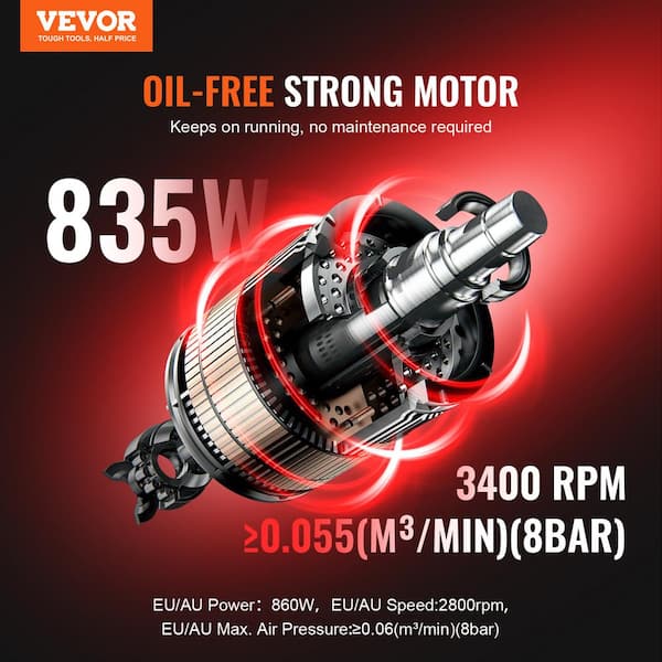 Air Compressor, 2 Gal. Steel Tank, 1 HP 2.1 CFM 8bar Oil Free Air Compressor and Max, 81dB Ultra Portable Compressor