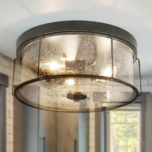 13.5 in. 3-Light Brushed Black Rustic Farmhouse Flush Mount Ceiling Light with Clear Seeded Glass Drum Shade