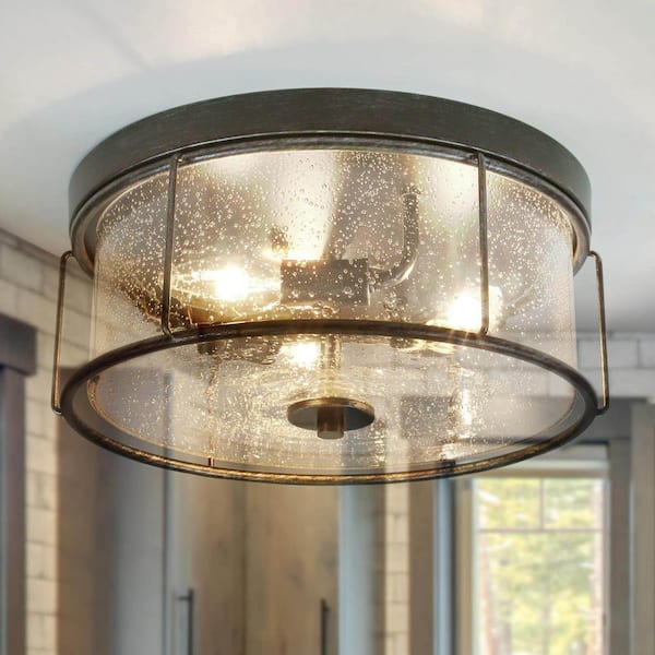 LNC 13.5 in. 3-Light Brushed Black Rustic Farmhouse Flush Mount Ceiling Light with Clear Seeded Glass Drum Shade