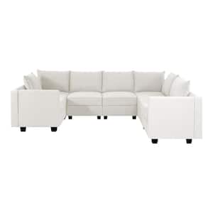 112.8 in Modern 7-Seater Upholstered Sectional Sofa - White Down Linen - Sofa Couch for Living Room/Office
