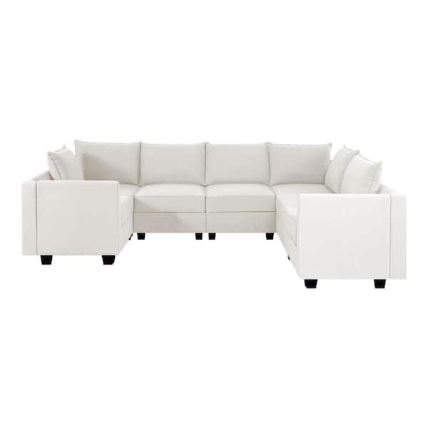 HOMESTOCK 112.8 in Modern 7-Seater Upholstered Sectional Sofa - White Down Linen - Sofa Couch for Living Room/Office