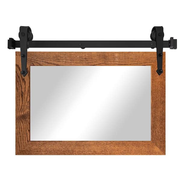 (33 in. W x 28 in. H) Honey Ozark Hardwood Mirror with Steel Barn Door Rail