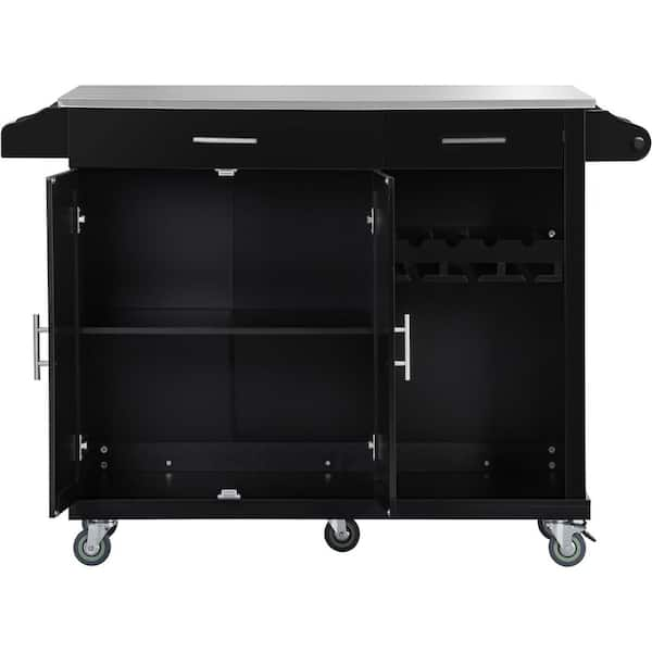 StyleWell Glenville Black Double Drawer Kitchen Cart with Butcher Block Top and Locking Wheels (42 W)