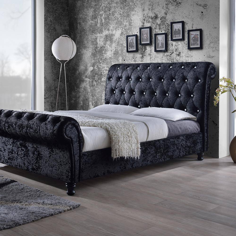 Elegant Black Velvet Queen Platform Bed with Crystal-Button Tufting
